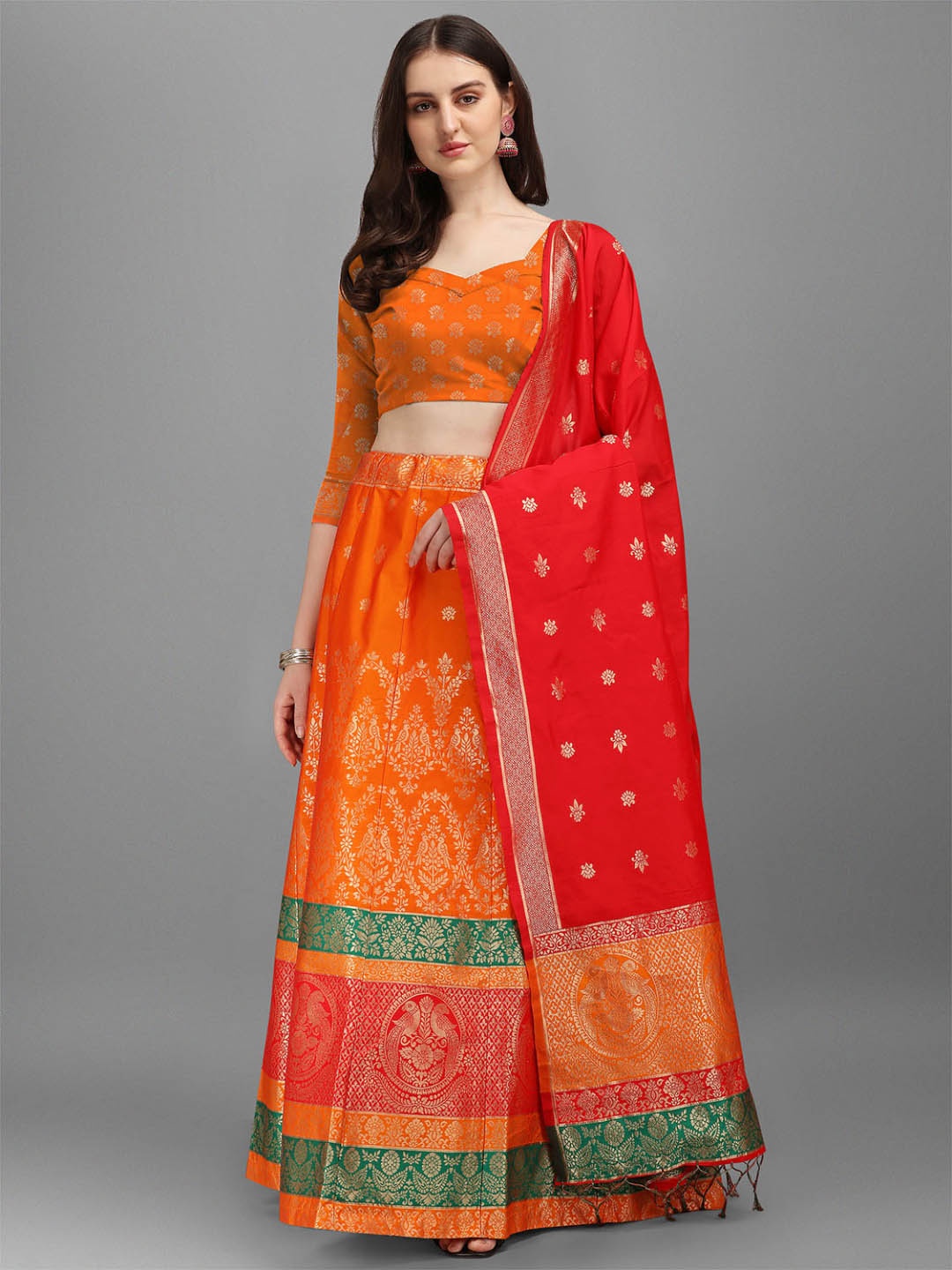 

Dhyey Fashion Orange & Red Ready to Wear Lehenga & Unstitched Blouse With Dupatta