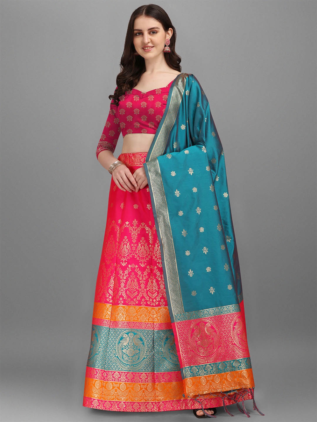 

Dhyey Fashion Pink & Green Ready to Wear Lehenga & Unstitched Blouse With Dupatta