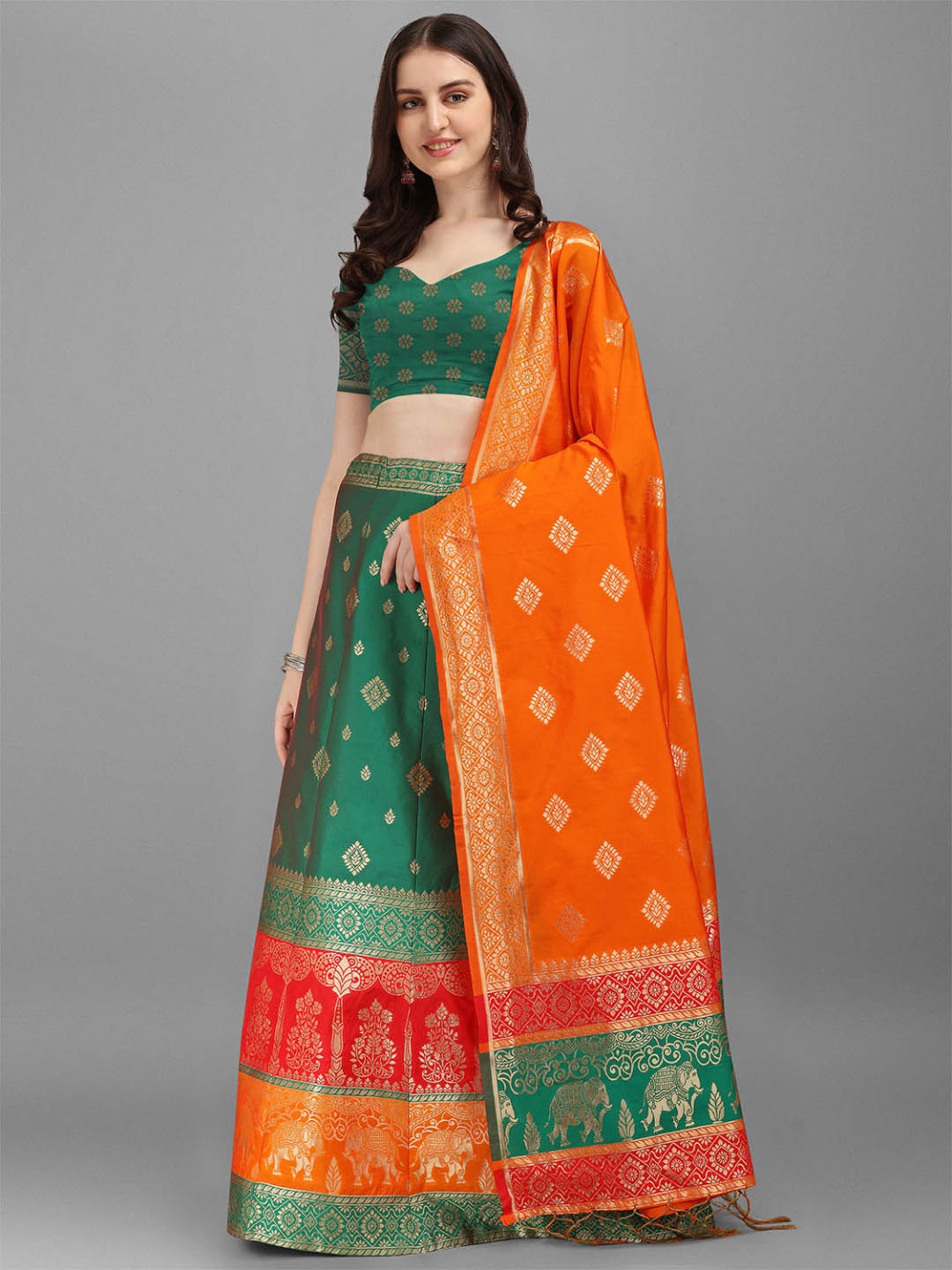 

Dhyey Fashion Red & Green Ready to Wear Lehenga & Unstitched Blouse With Dupatta