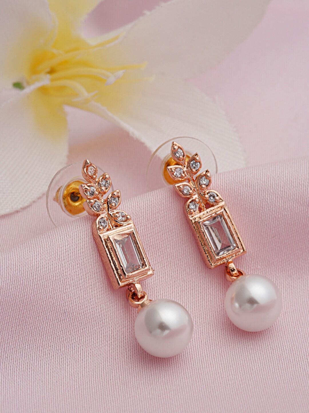 

Shining Diva Fashion Rose Gold-Plated & White Contemporary Drop Earrings