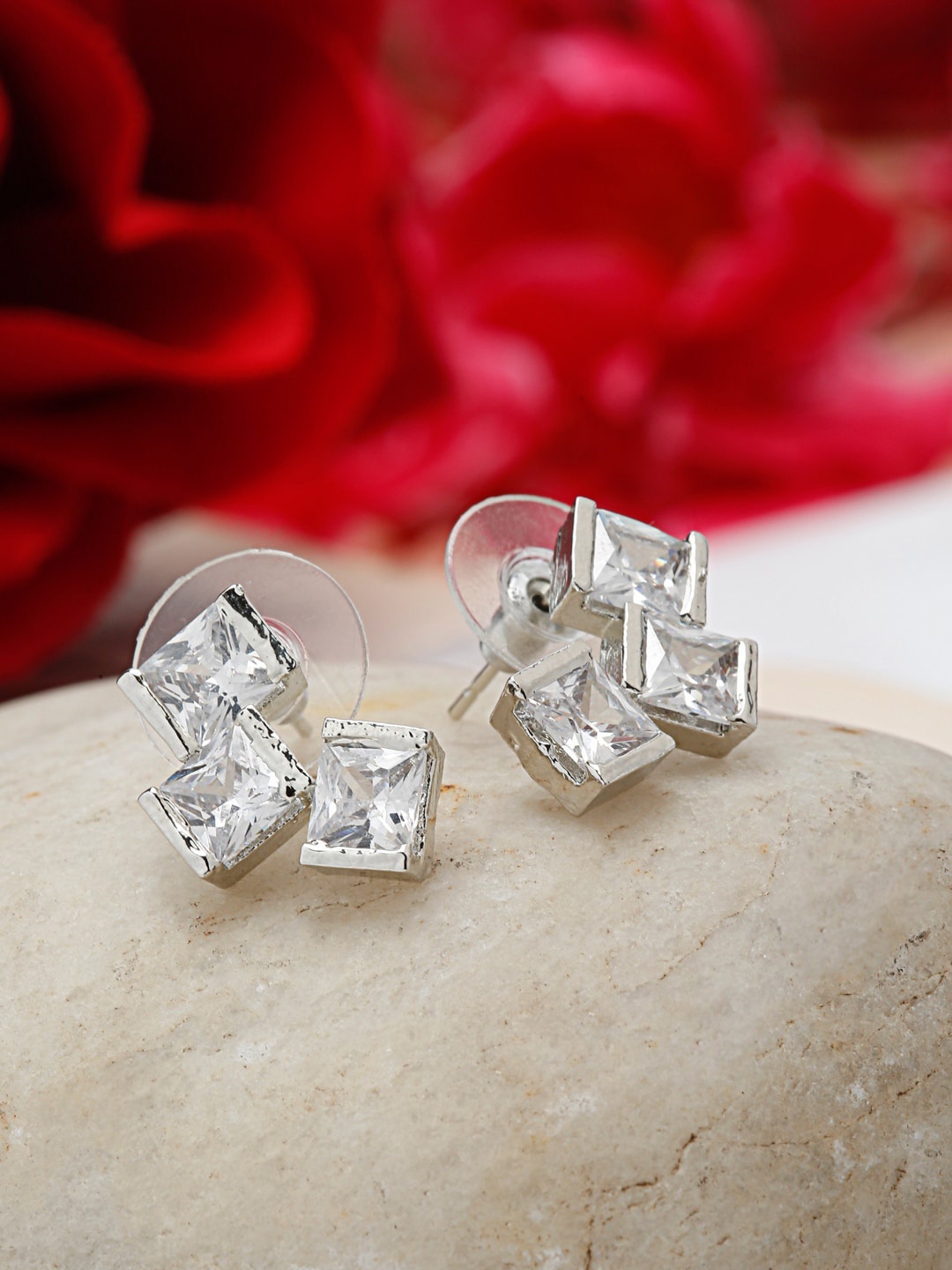 

Shining Diva Fashion Silver-Plated & White Contemporary Studs Earrings