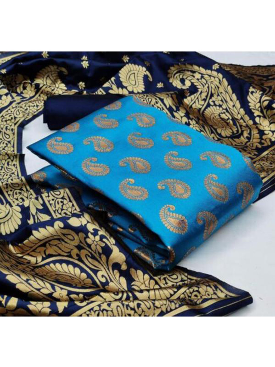 

MORLY Turquoise Blue & Gold-Toned Dupion Silk Unstitched Dress Material