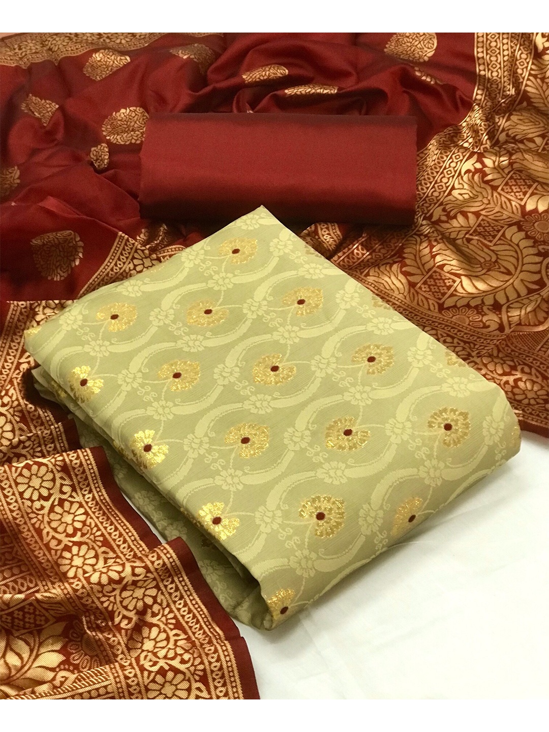 

MORLY Lime Green & Maroon Dupion Silk Unstitched Dress Material