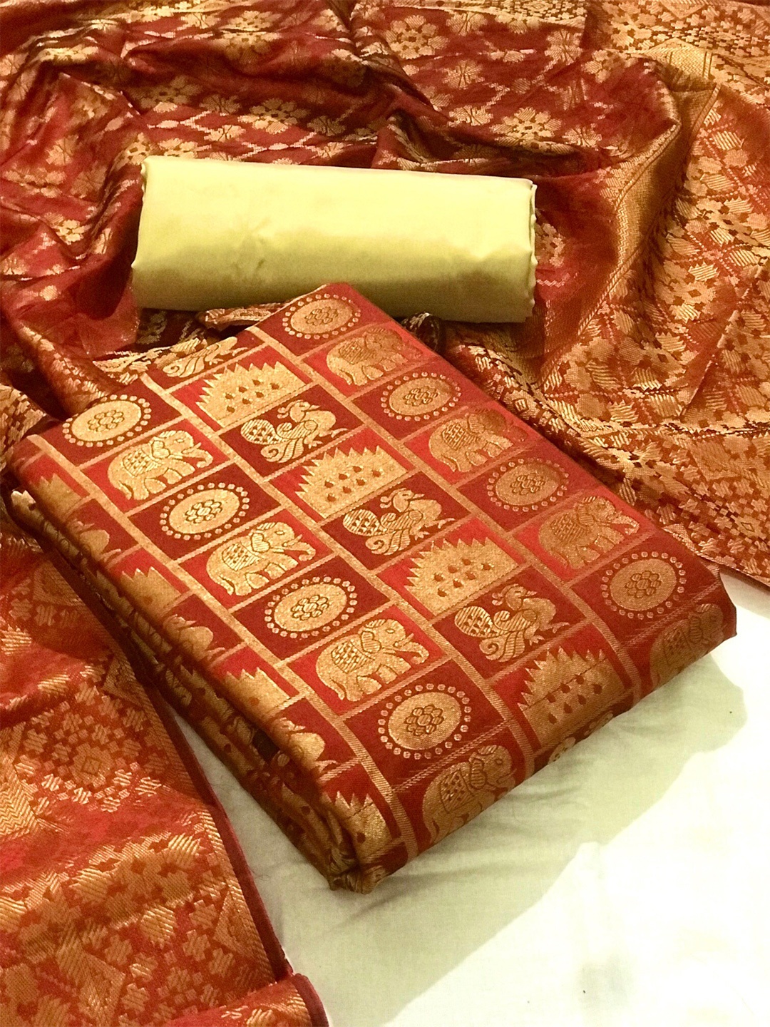 

MORLY Maroon & Gold-Toned Dupion Silk Unstitched Dress Material