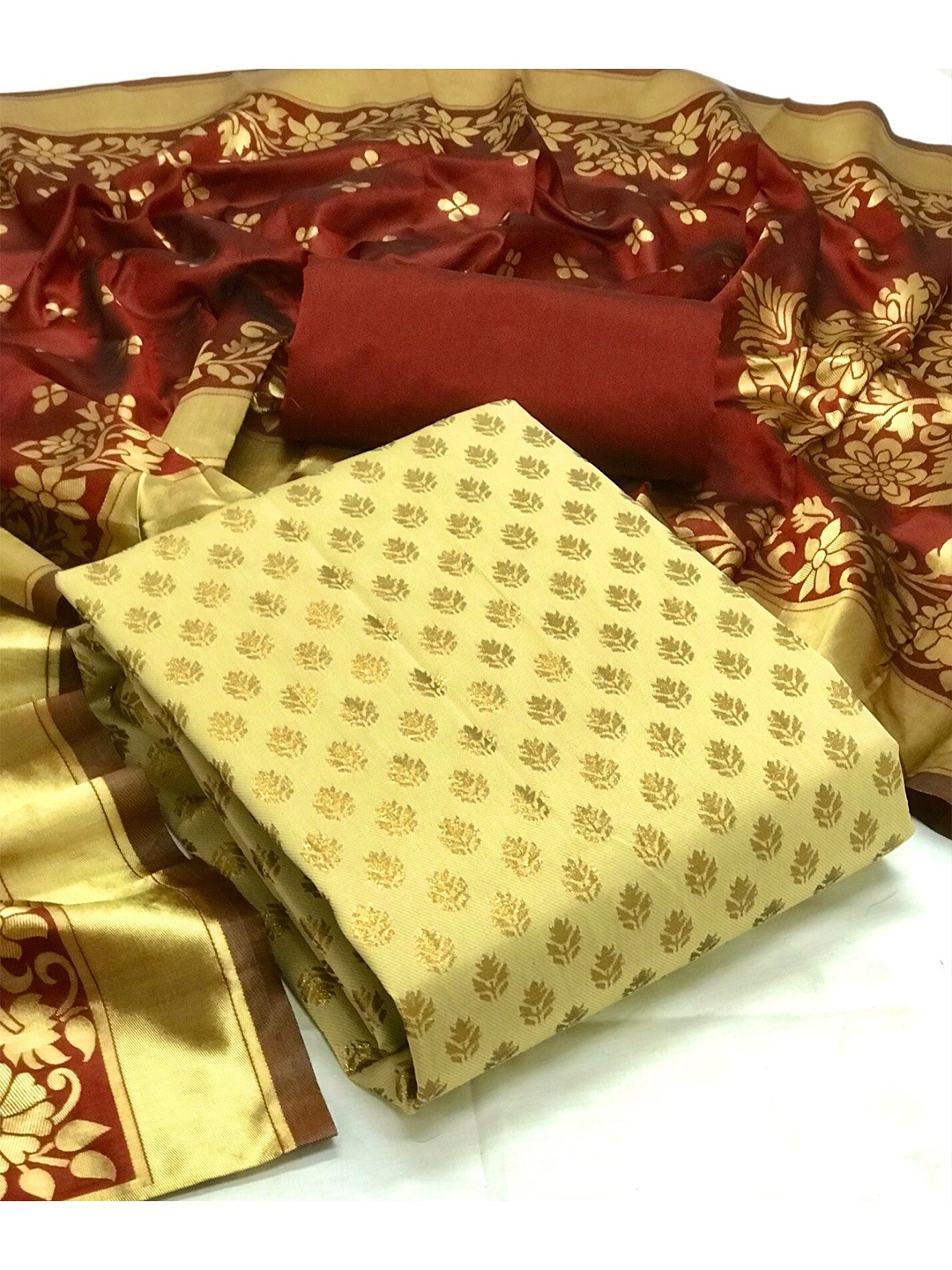 

MORLY Yellow & Maroon Dupion Silk Unstitched Dress Material