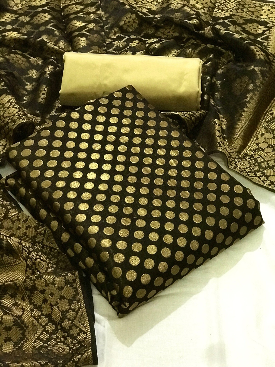 

MORLY Black & Gold-Toned Dupion Silk Unstitched Dress Material