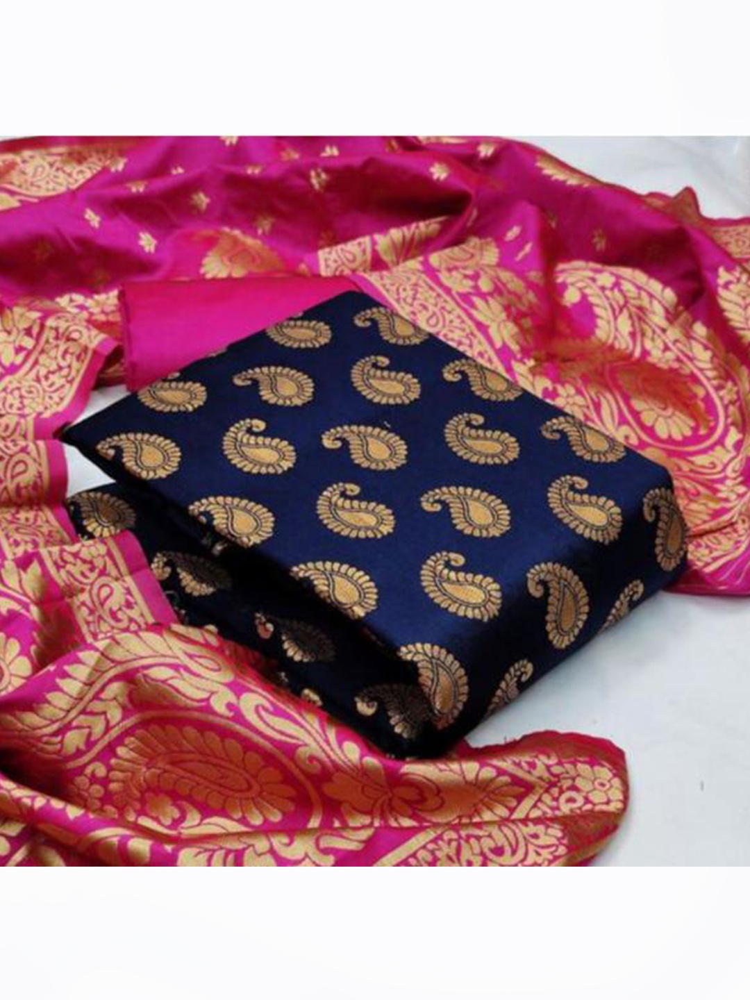 

MORLY Navy Blue & Pink Dupion Silk Unstitched Dress Material