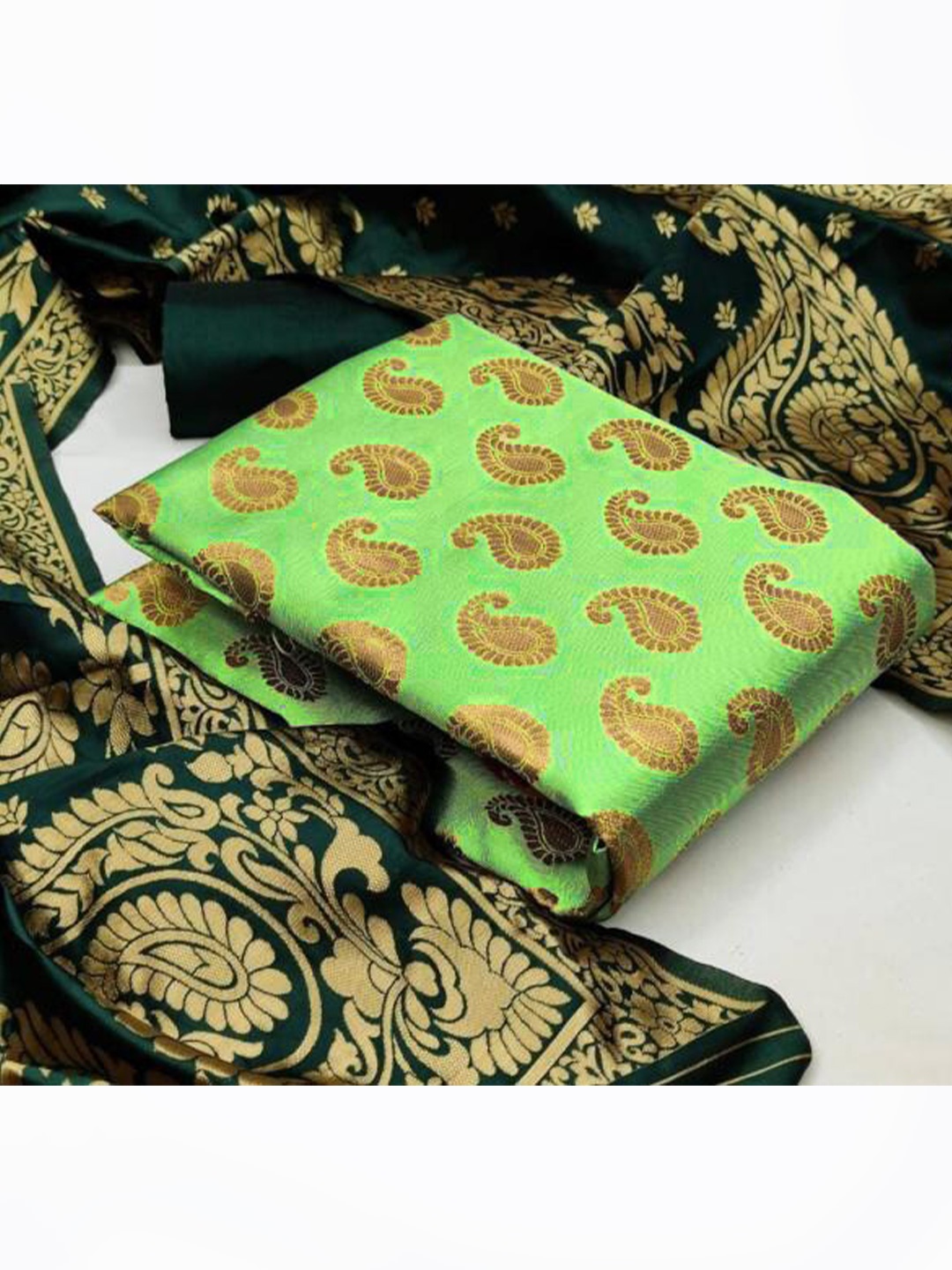

MORLY Green & Gold-Toned Dupion Silk Unstitched Dress Material