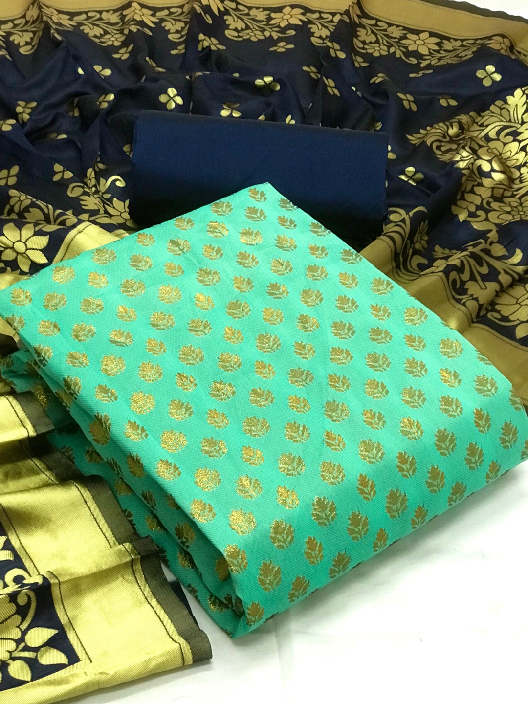 

MORLY Sea Green & Navy Blue Dupion Silk Unstitched Dress Material