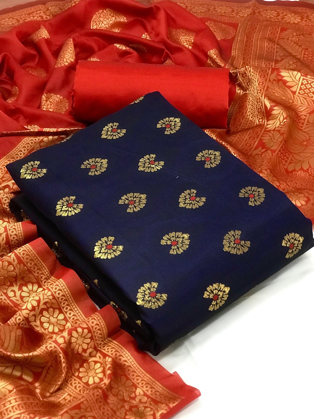 

MORLY Navy Blue & Red Dupion Silk Unstitched Dress Material