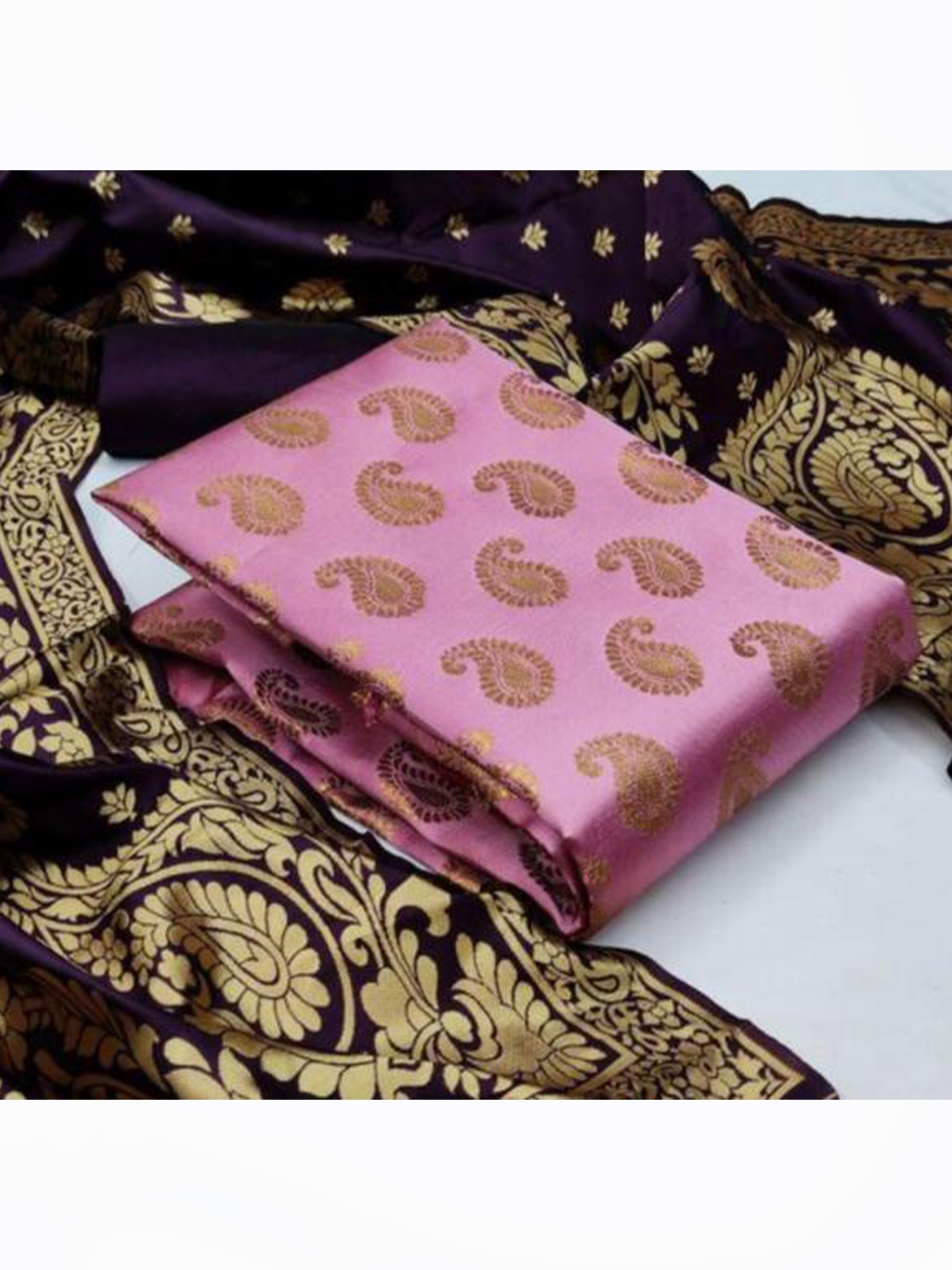 

MORLY Pink & Navy Blue Dupion Silk Unstitched Dress Material
