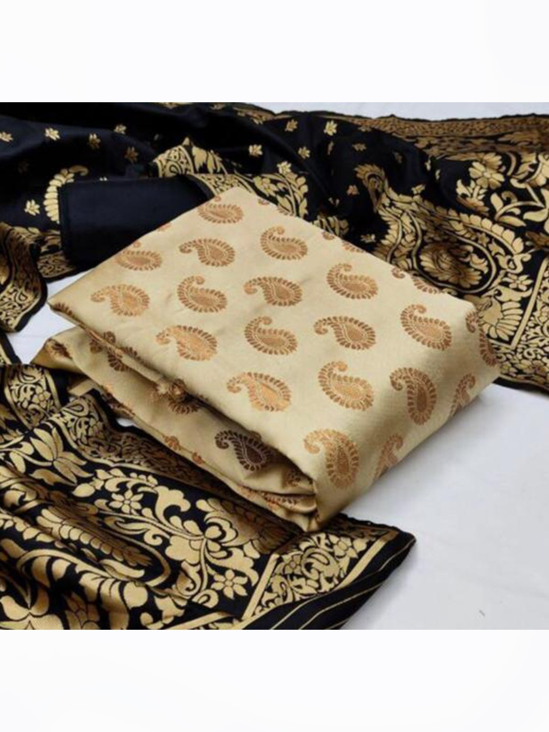 

MORLY Beige & Black Dupion Silk Unstitched Dress Material