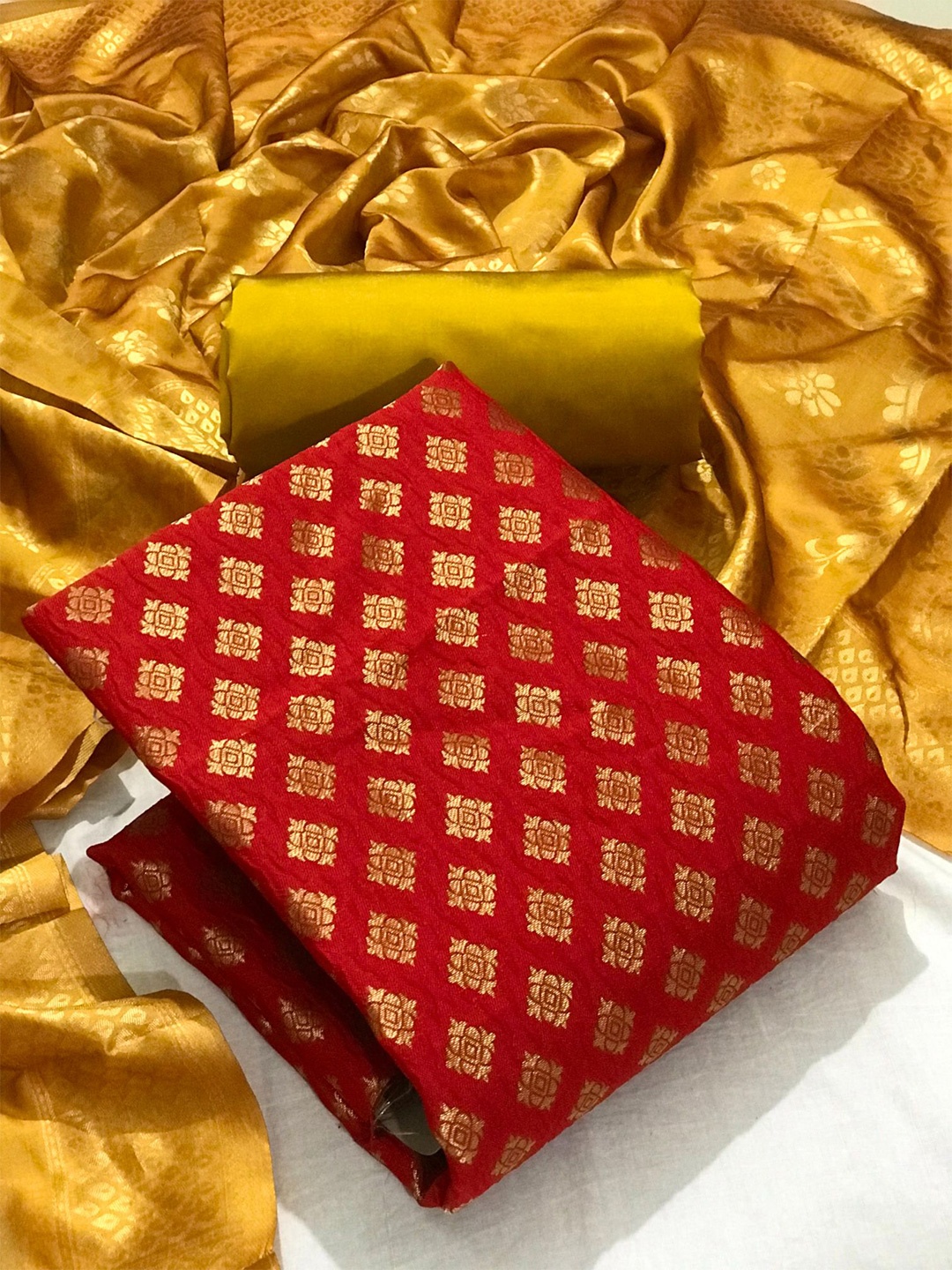 

MORLY Red & Yellow Dupion Silk Unstitched Dress Material