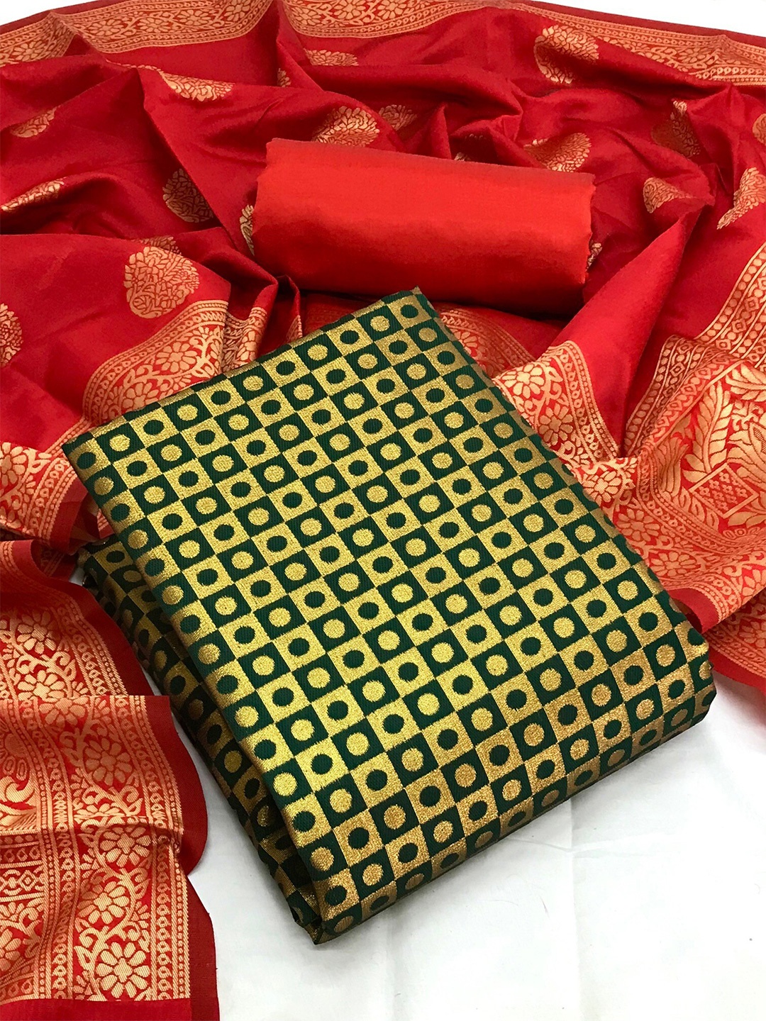 

MORLY Green & Red Dupion Silk Unstitched Dress Material