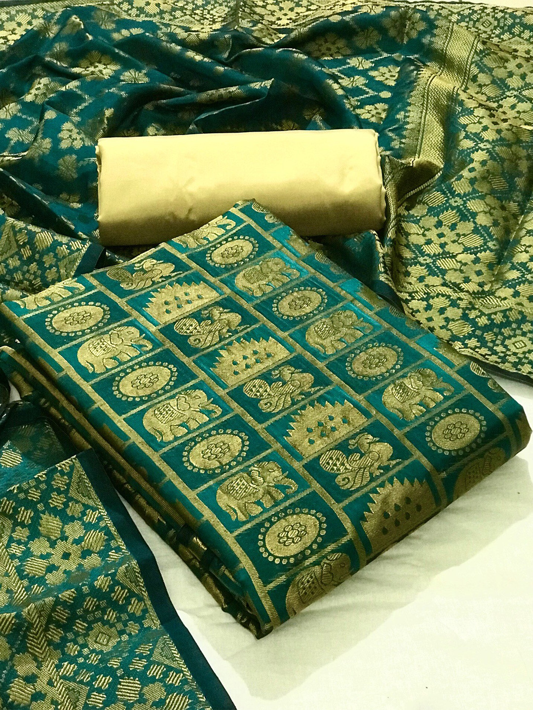 

MORLY Green & Gold-Toned Dupion Silk Unstitched Dress Material