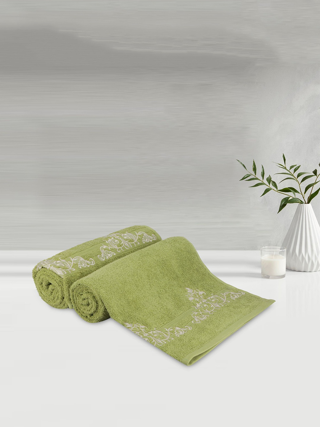 

LUSH & BEYOND Pack Of 2 Green 500 GSM Embroidered Pure Cotton Bath Towel