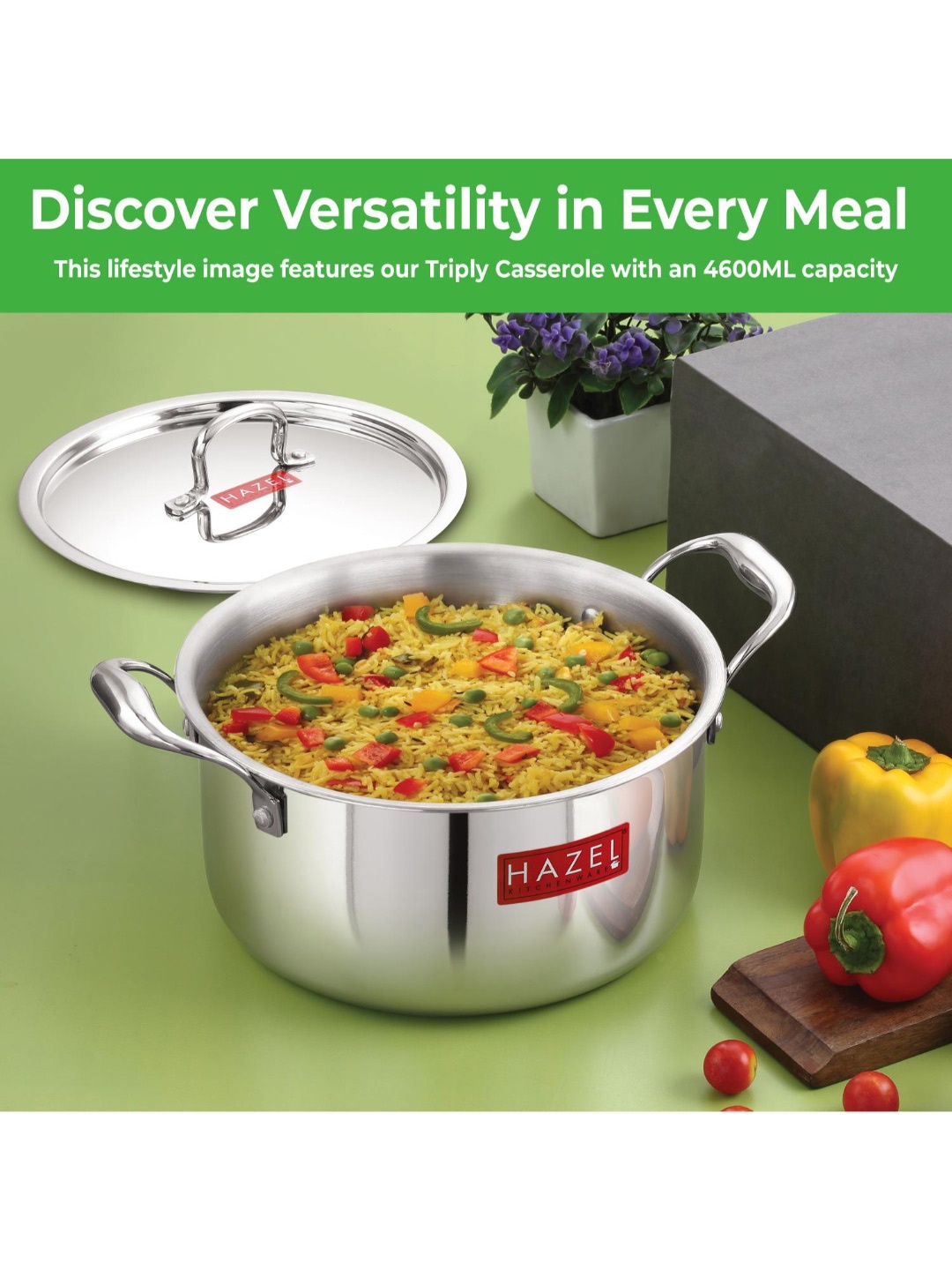 

HAZEL Triply Stainless Steel Induction Bottom Casserole With Lid 3.6 Litres, Silver