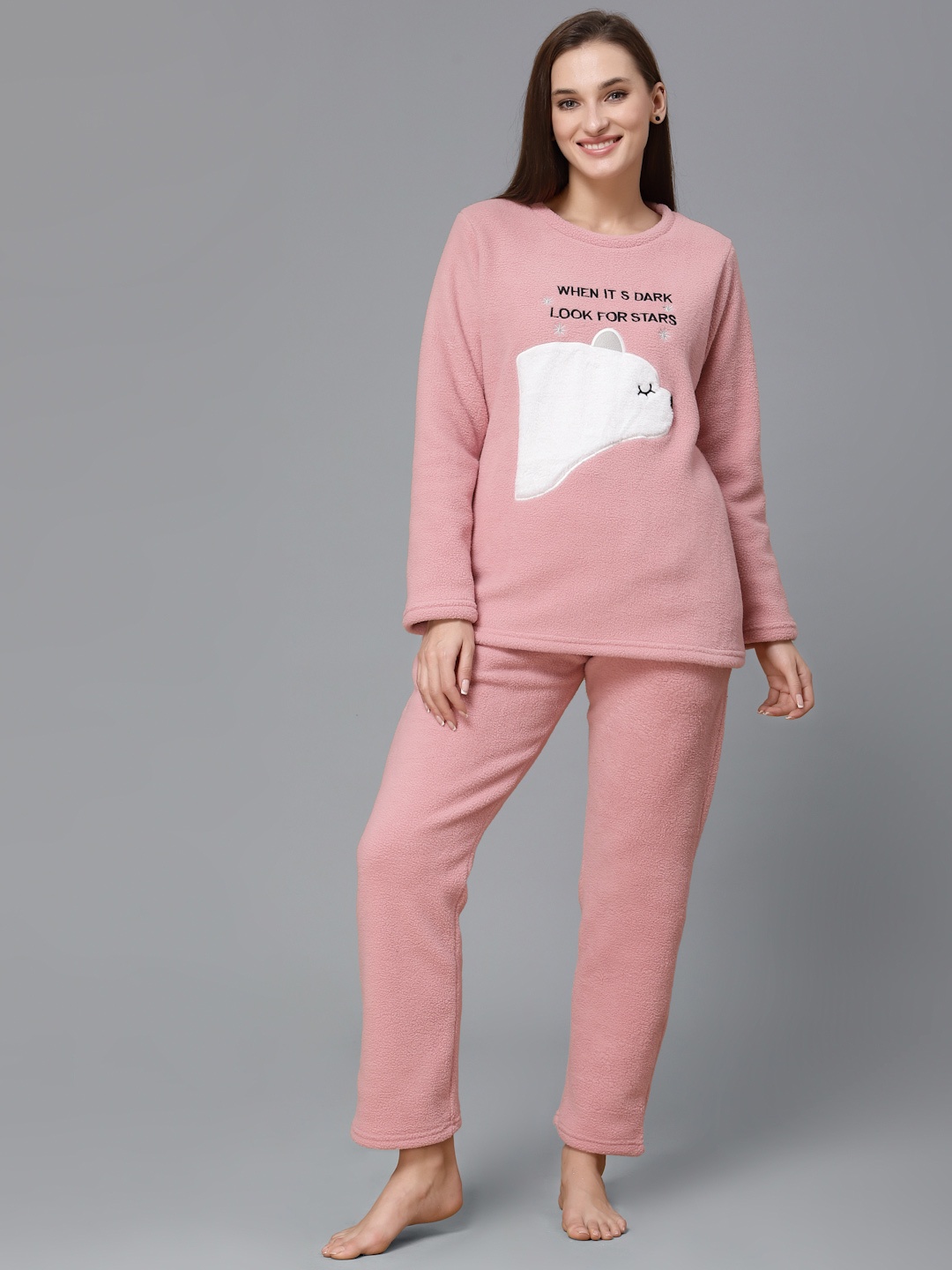 

Sweet Dreams Women Super Soft Polar Fleece Applique Winter Night suit, Coral