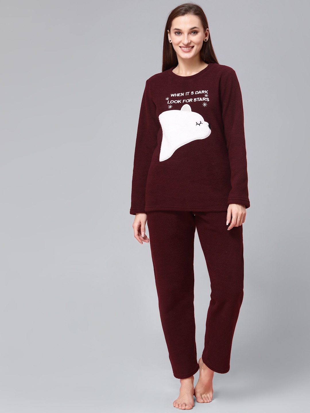 

Sweet Dreams Women Super Soft Polar Fleece Applique Winter Night suit, Maroon