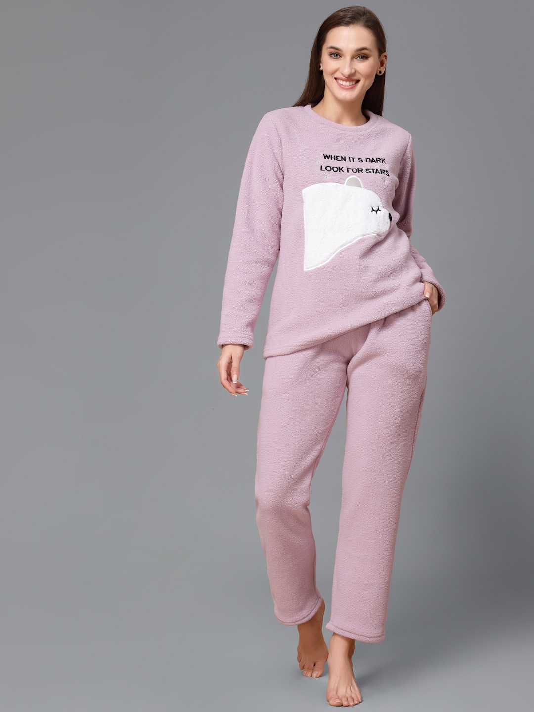 

Sweet Dreams Women Polar Fleece Applique Winter Pyjama Set, Lavender