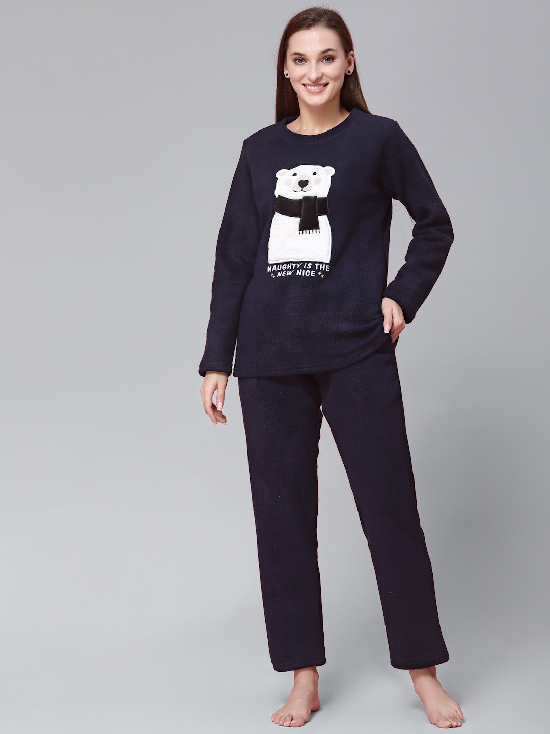

Sweet Dreams Women Super Soft Polar Fleece Applique Winter Night suit, Navy blue