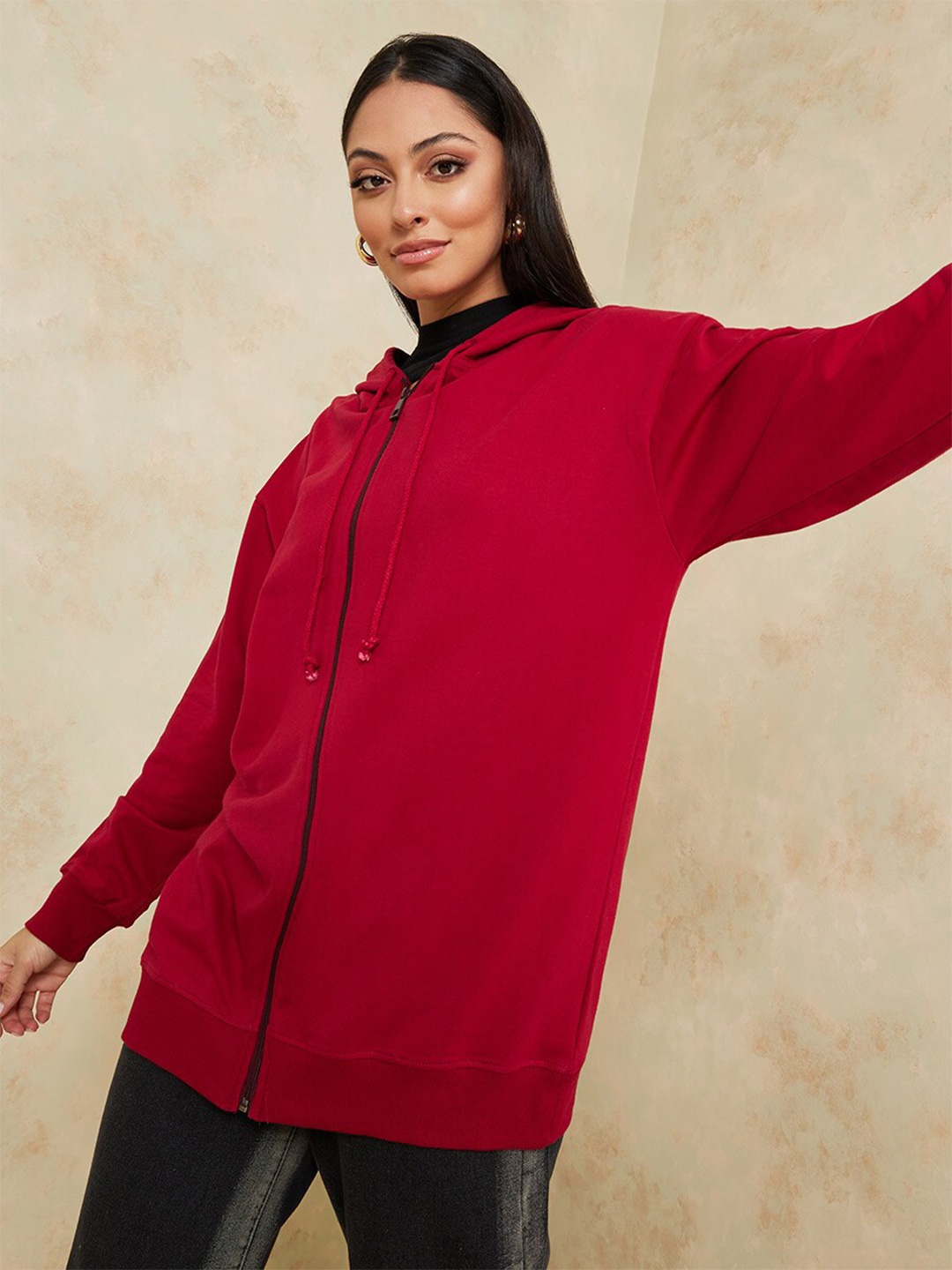 

Styli Hooded Front-Open Sweatshirt, Red