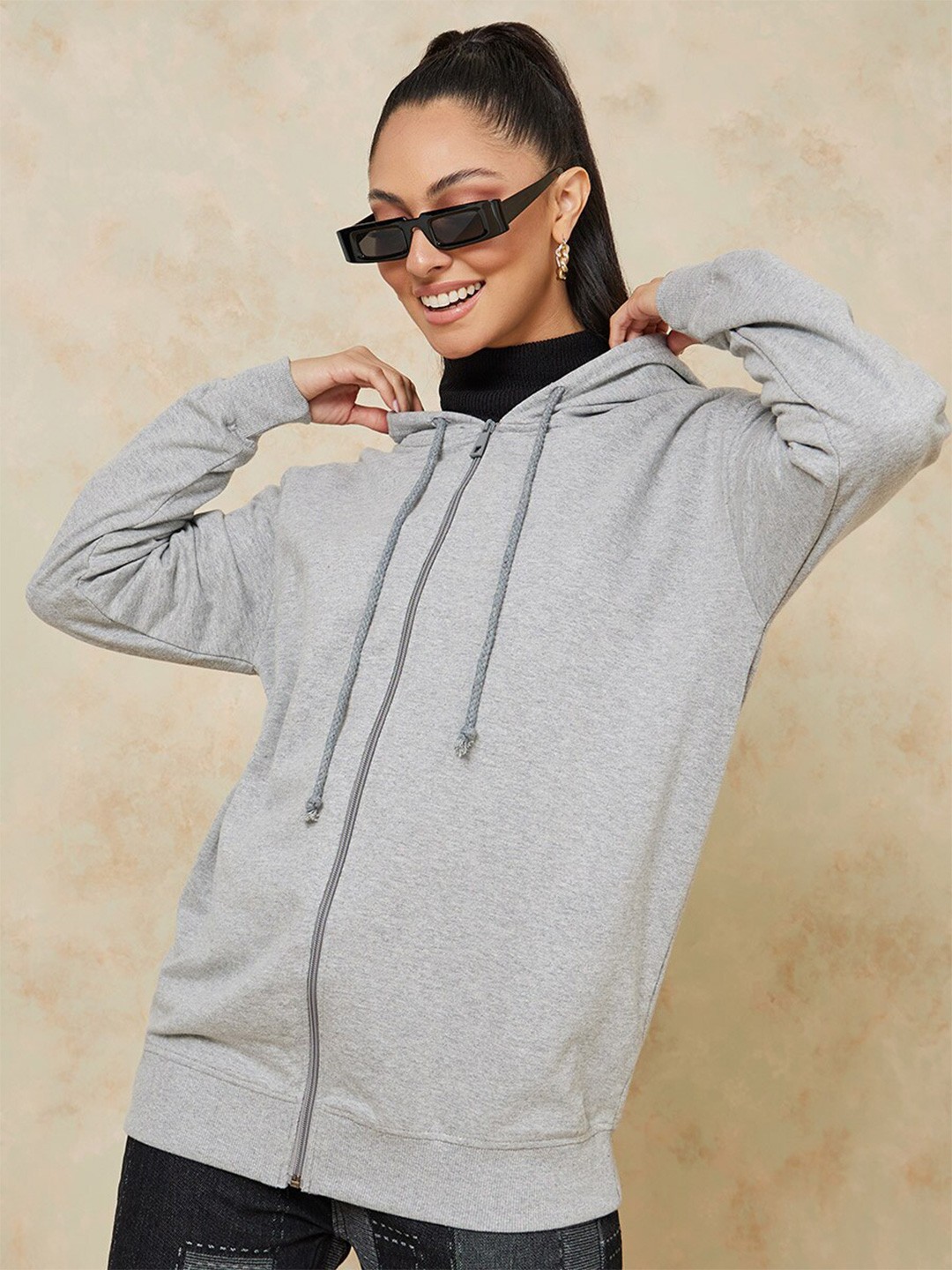 

Styli Zip Through Oversized Longline Hoodie, Grey