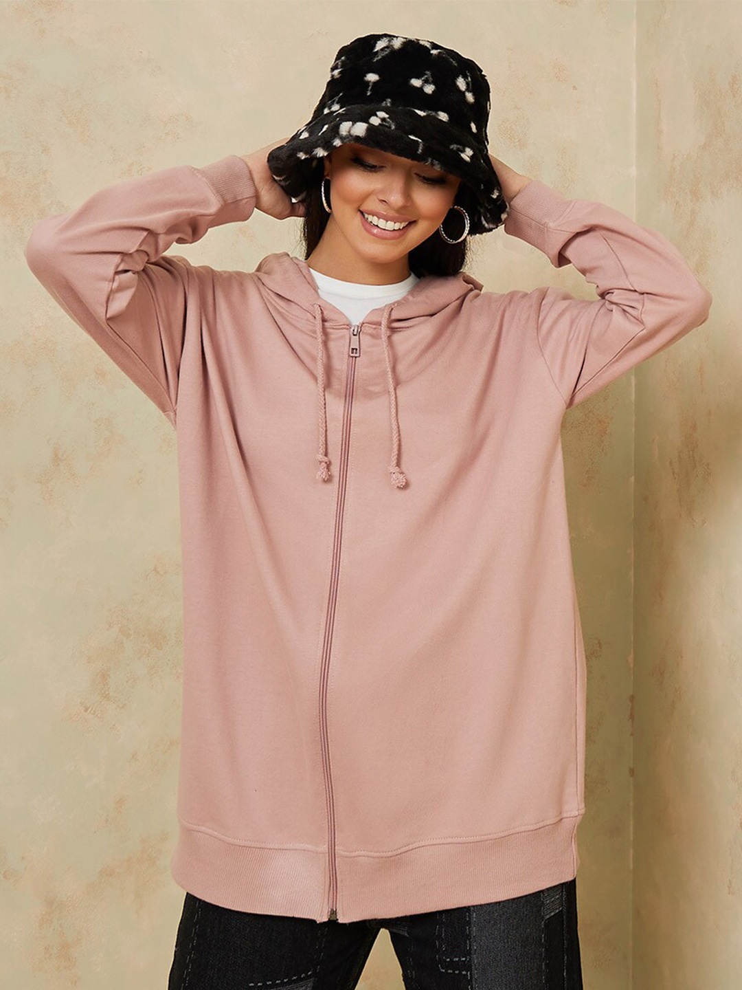 

Styli Women Solid Hooded Knitted Oversized Front-Open Sweatshirt, Pink
