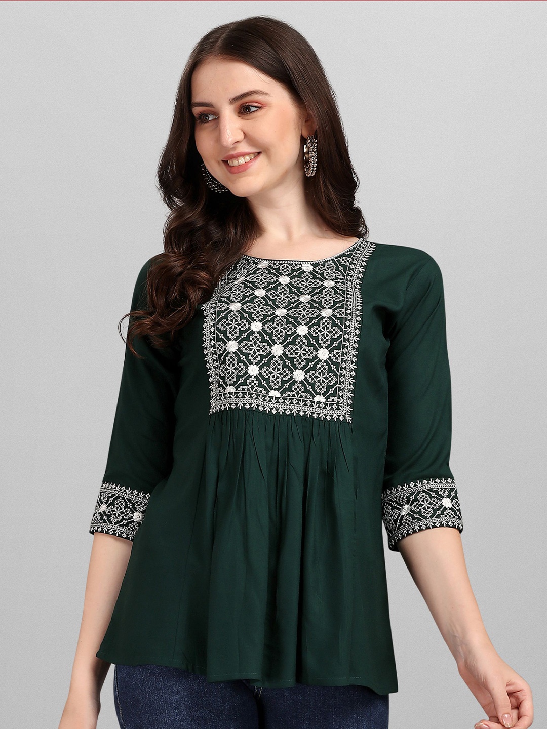 

FabFairy Green Viscose Rayon Embroidered Tunic