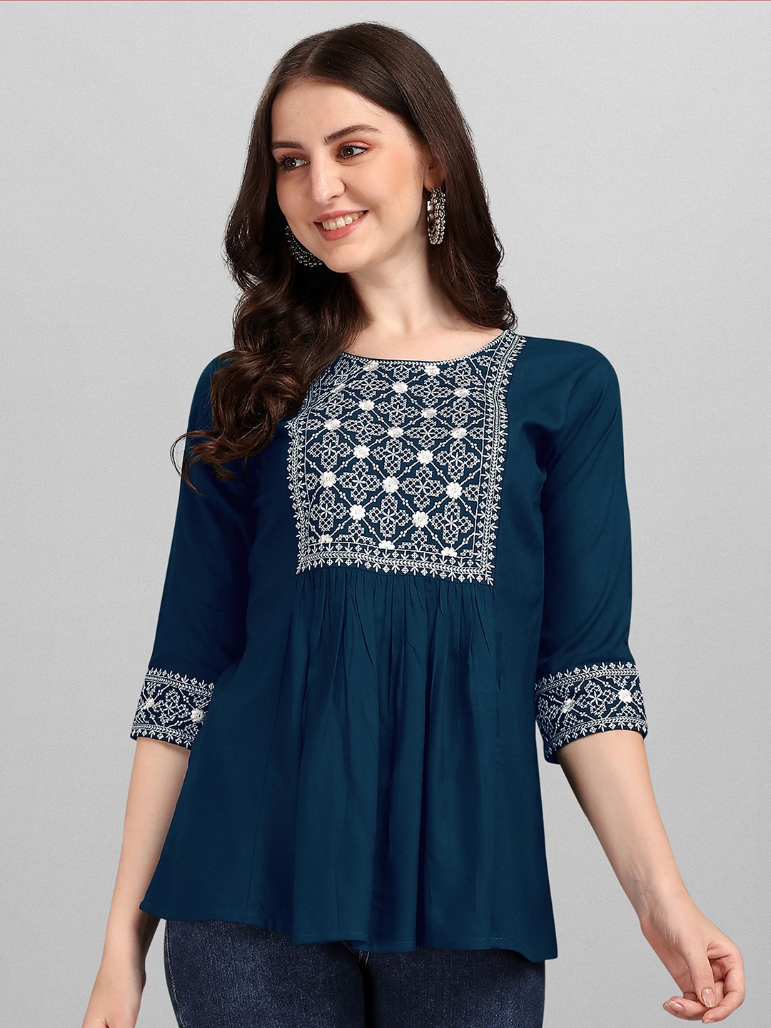 

FabFairy Blue Viscose Rayon Embroidered Tunic