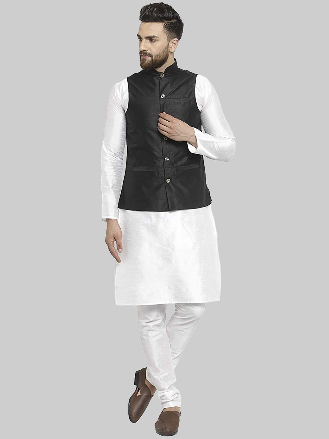 

ROYAL KURTA Men White Kurta with Churidar And Nehru Jacket