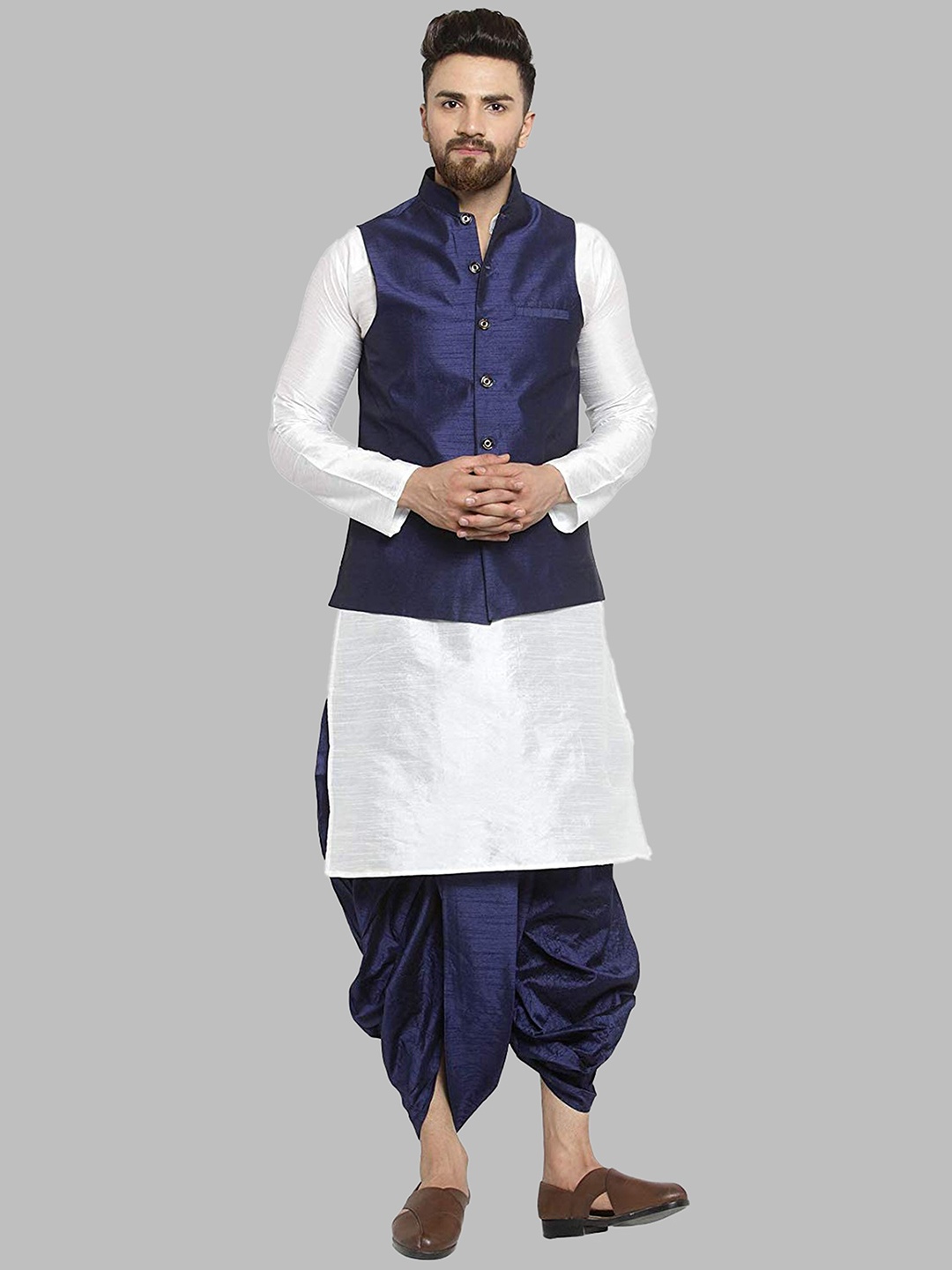

ROYAL KURTA Men White Kurta with Dhoti Pants And Nehru Jacket