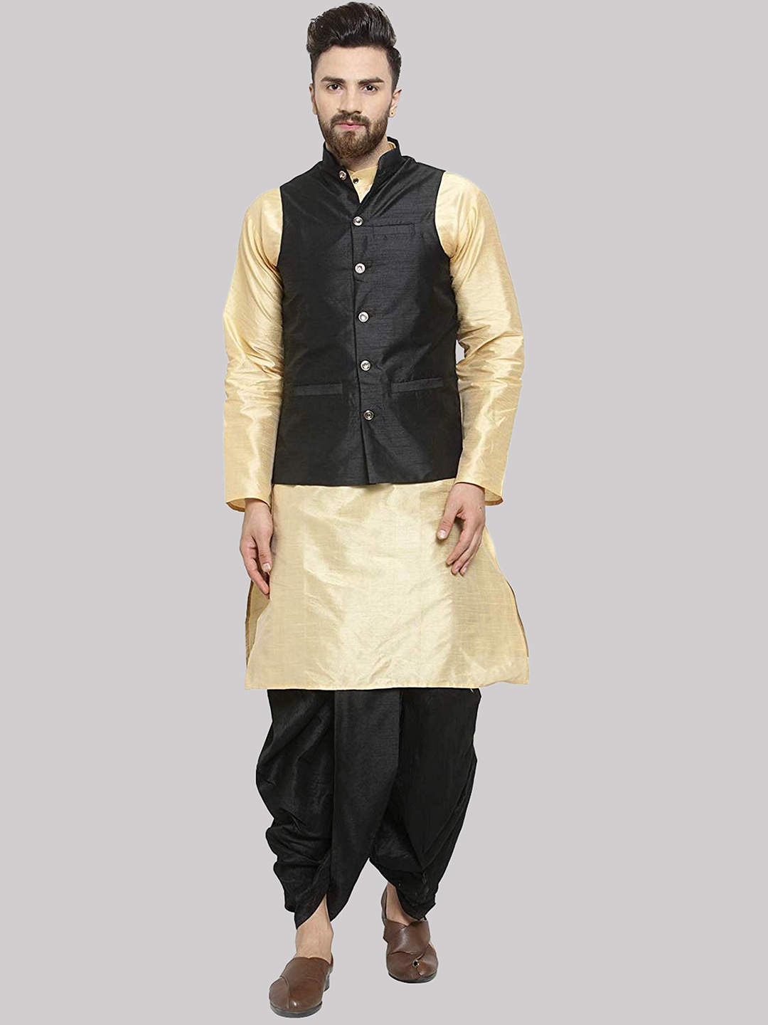 

ROYAL KURTA Men Gold-Toned Kurta with Dhoti Pants And Nehru Jacket