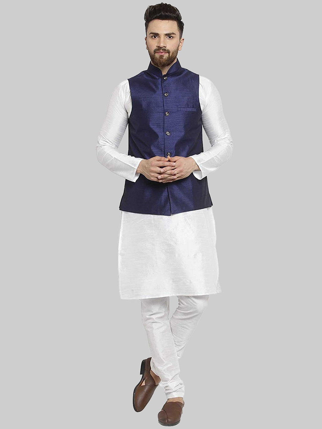 

ROYAL KURTA Men White Kurta with Churidar And Nehru Jacket