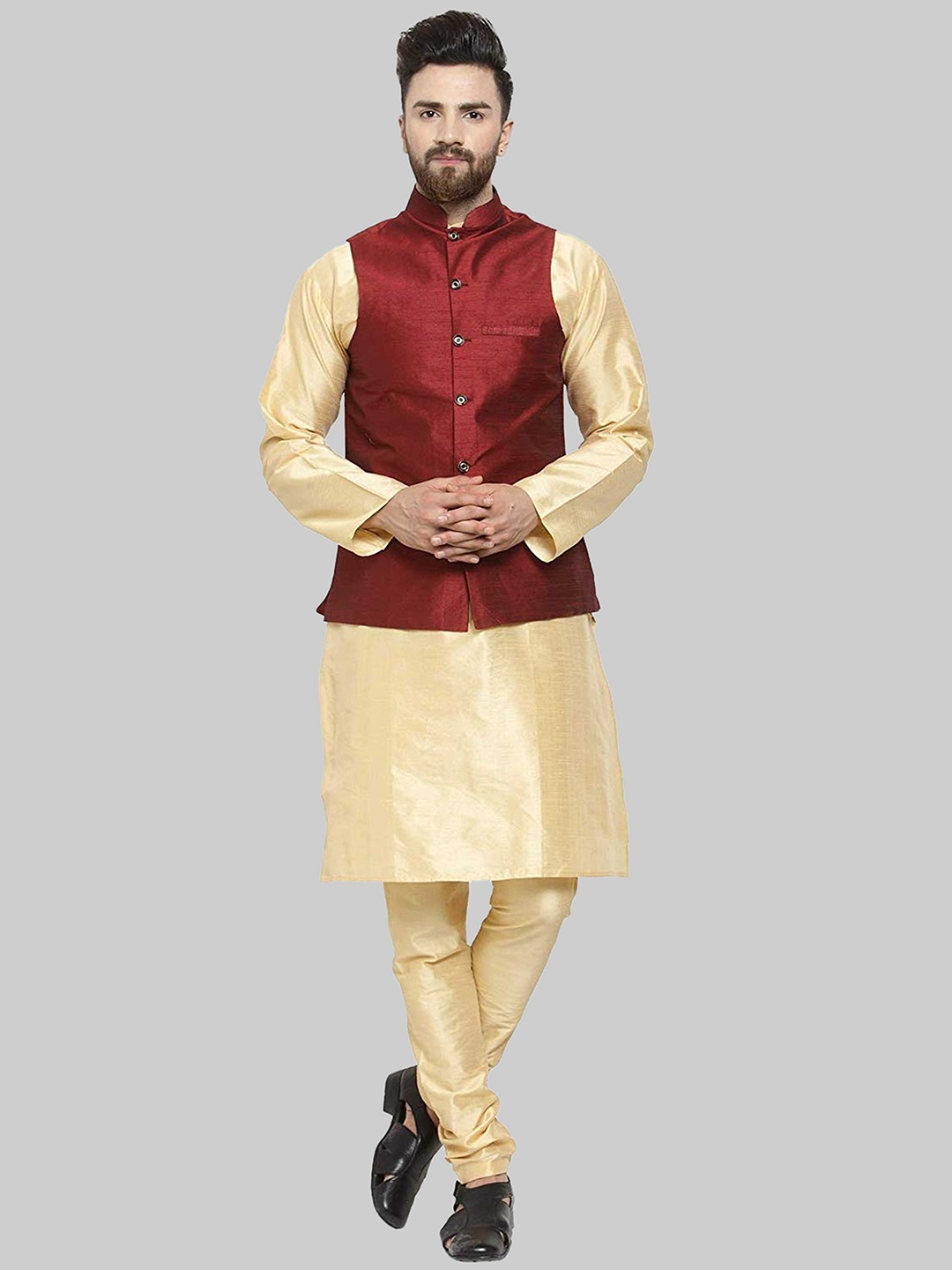 

ROYAL KURTA Men Gold-Toned Kurta with Churidar And Nehru Jacket