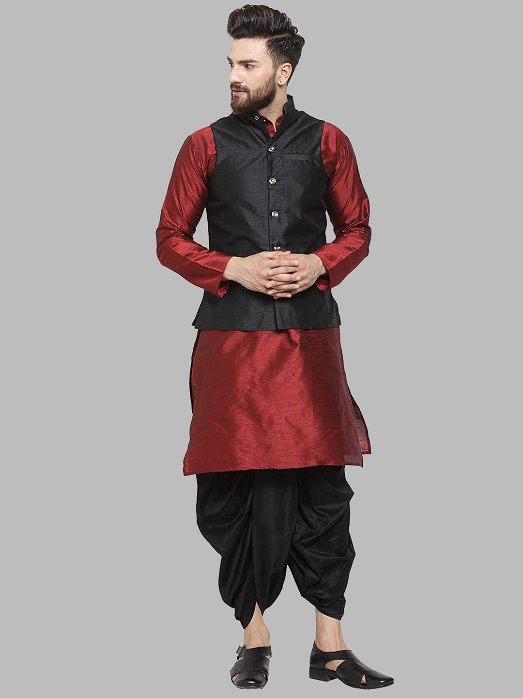 

ROYAL KURTA Men Maroon Kurta with Dhoti Pants And Nehru Jacket