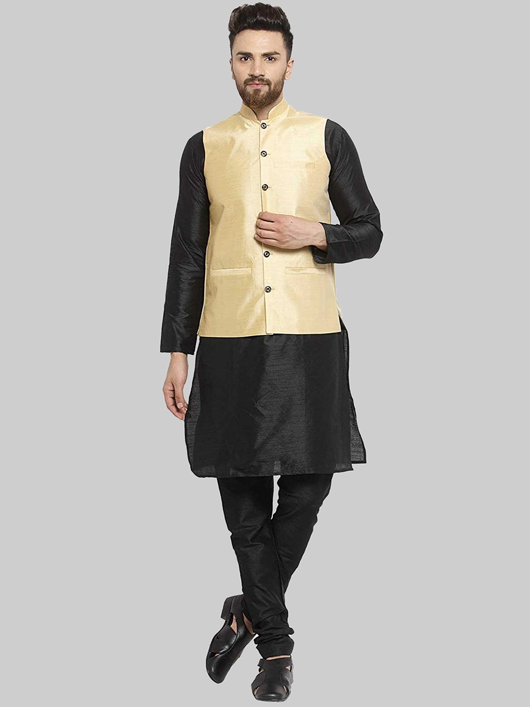 

ROYAL KURTA Men Kurta with Churidar & Nehru Jacket, Gold
