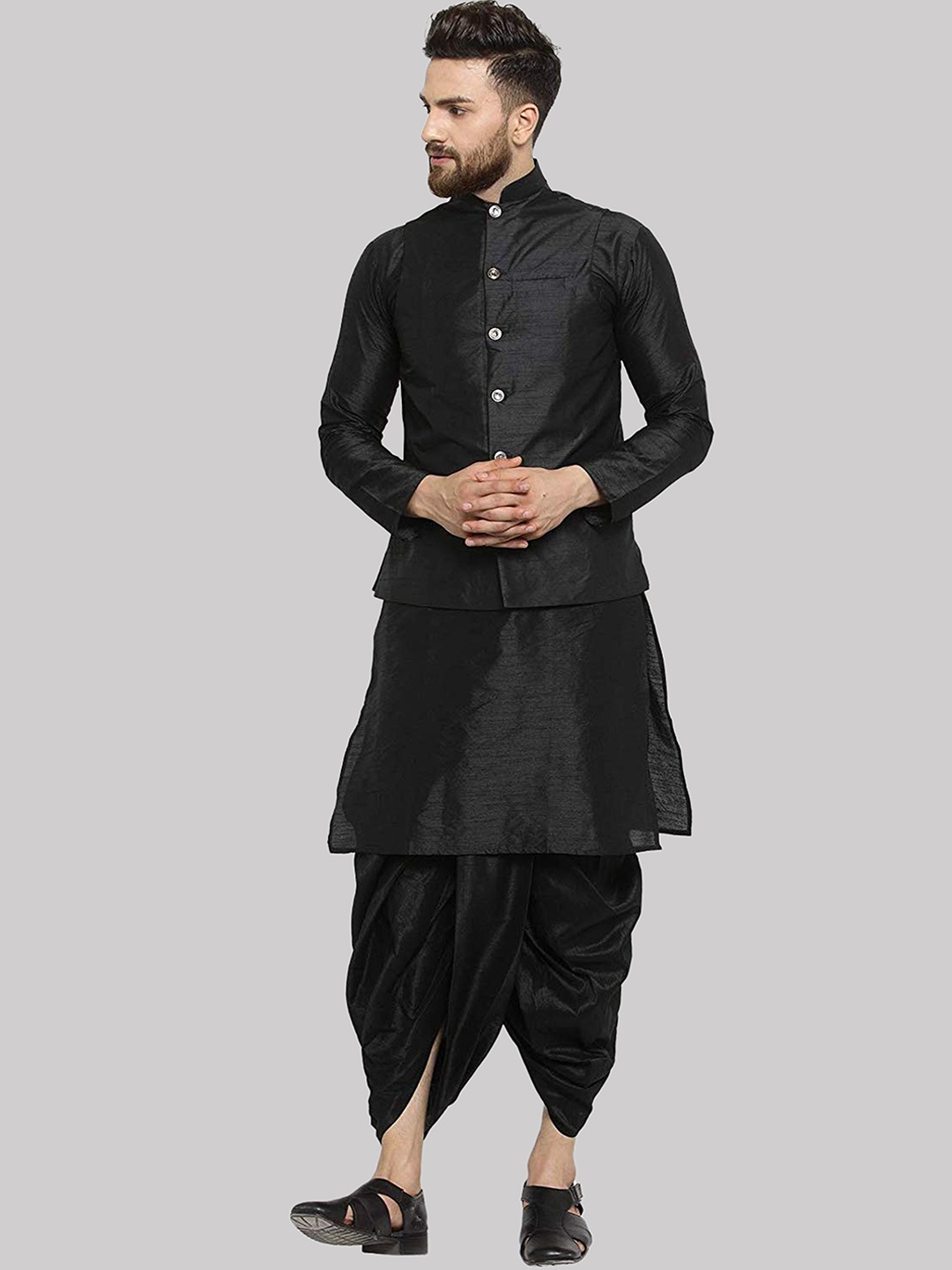 

ROYAL KURTA Men Black Kurta with Dhoti Pants And Nehru Jacket