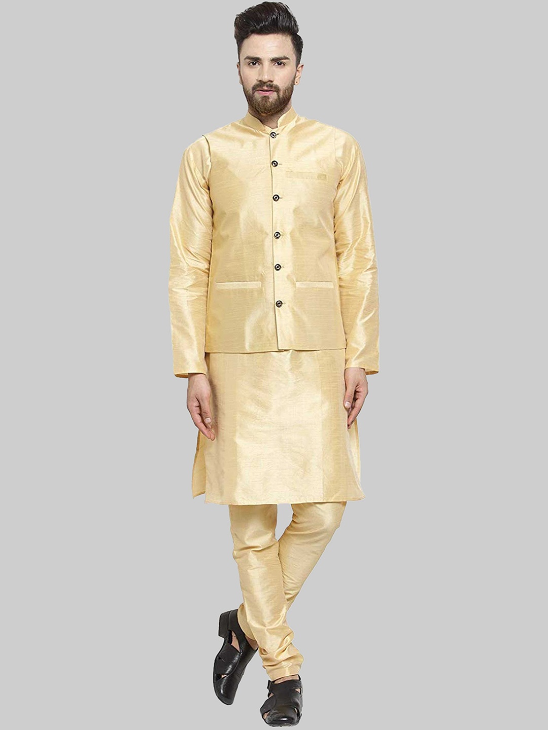 

ROYAL KURTA Men Gold-Toned Kurta with Churidar And Nehru Jacket