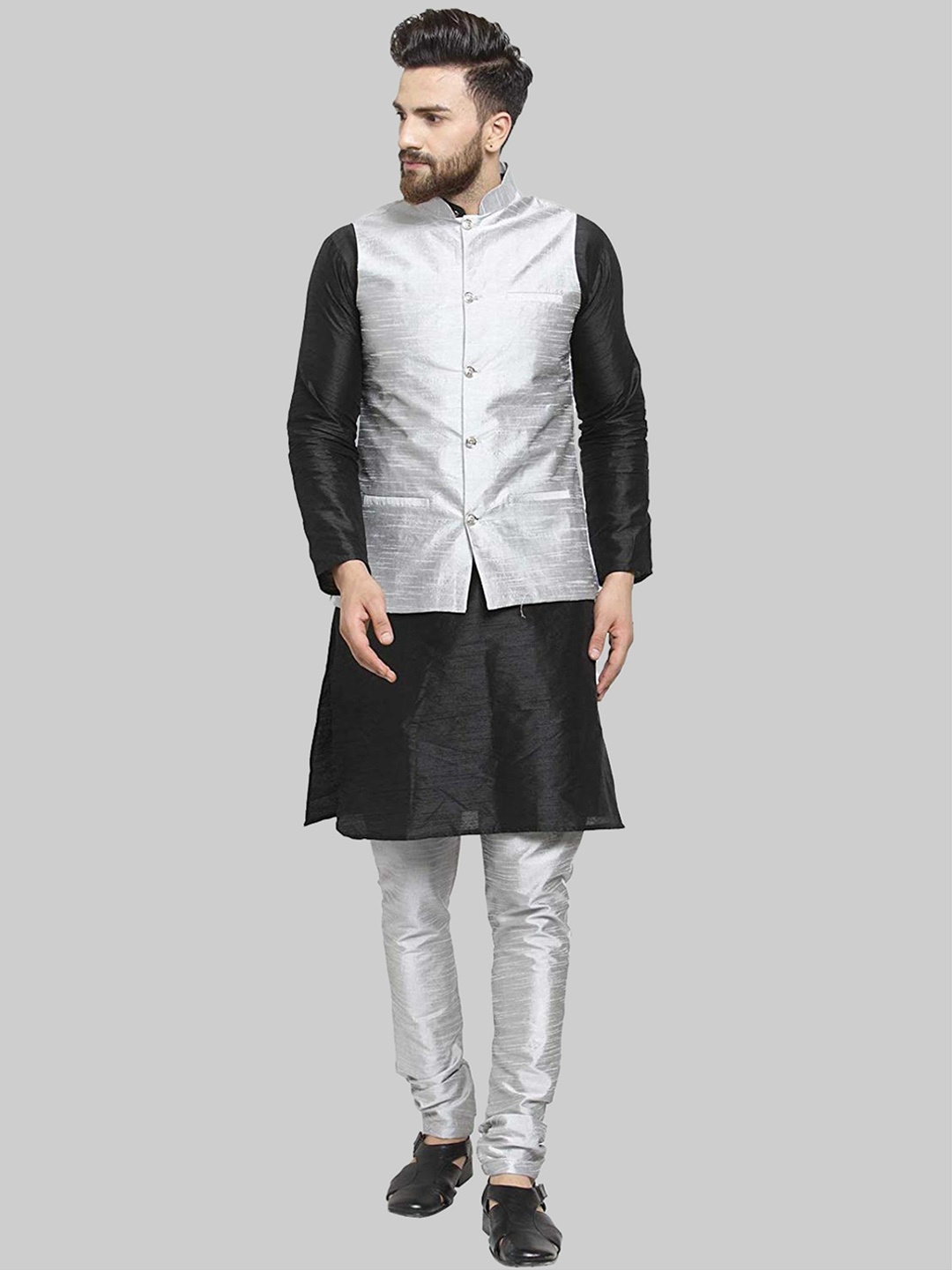 

ROYAL KURTA Men Black Kurta with Churidar & Nehru Jacket