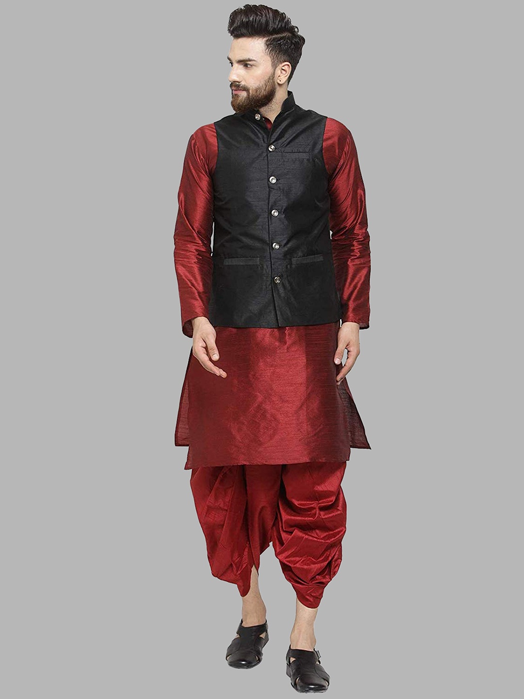 

ROYAL KURTA Men Maroon Kurta with Dhoti Pants With Nehru Jacket