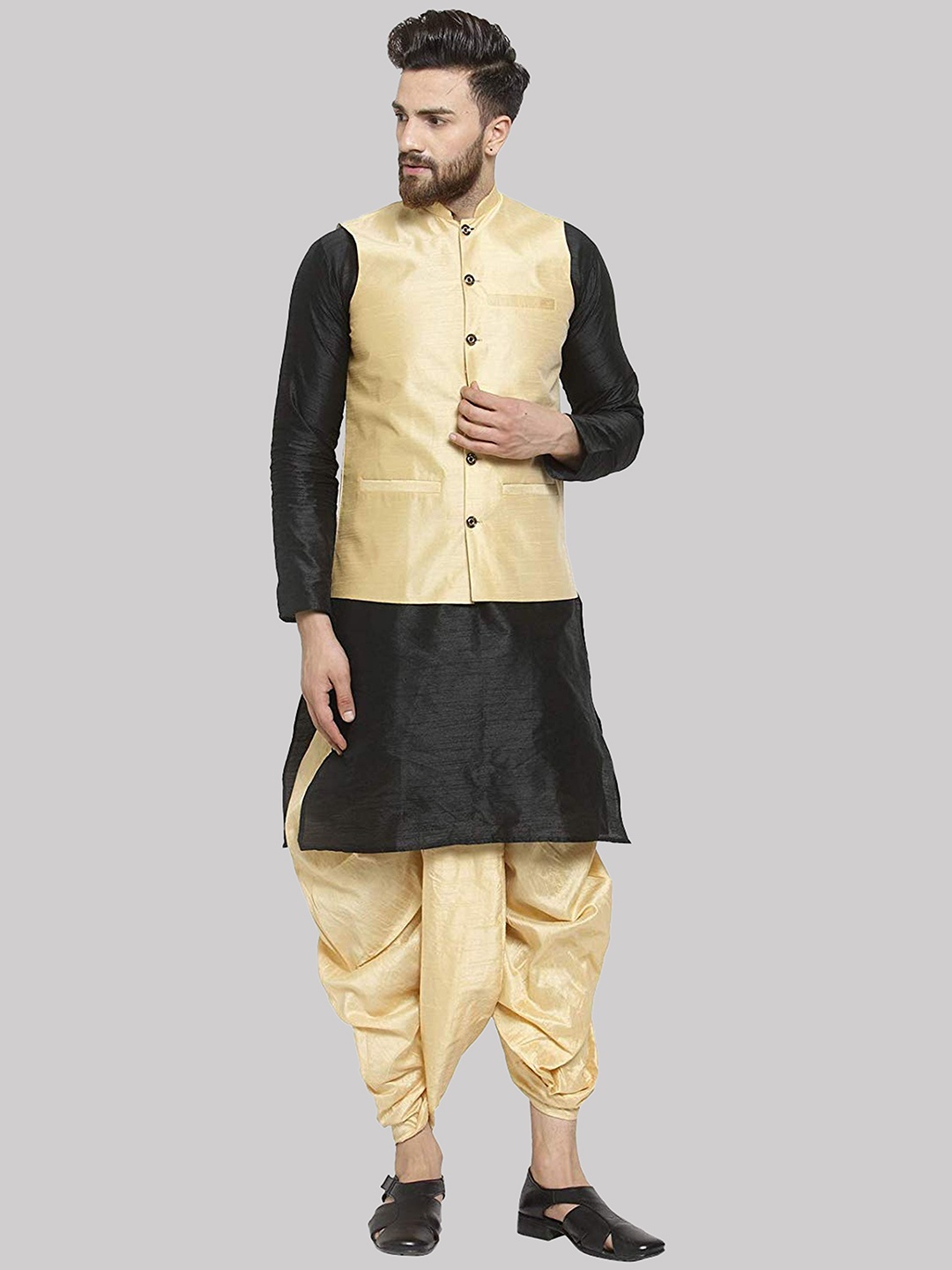 

ROYAL KURTA Men Black Kurta with Dhoti Pants & Nehru Jacket