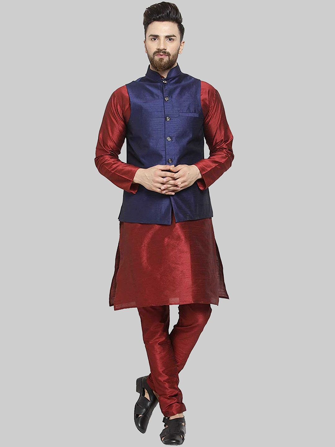 

ROYAL KURTA Men Maroon Kurta with Churidar & Nehru Jacket