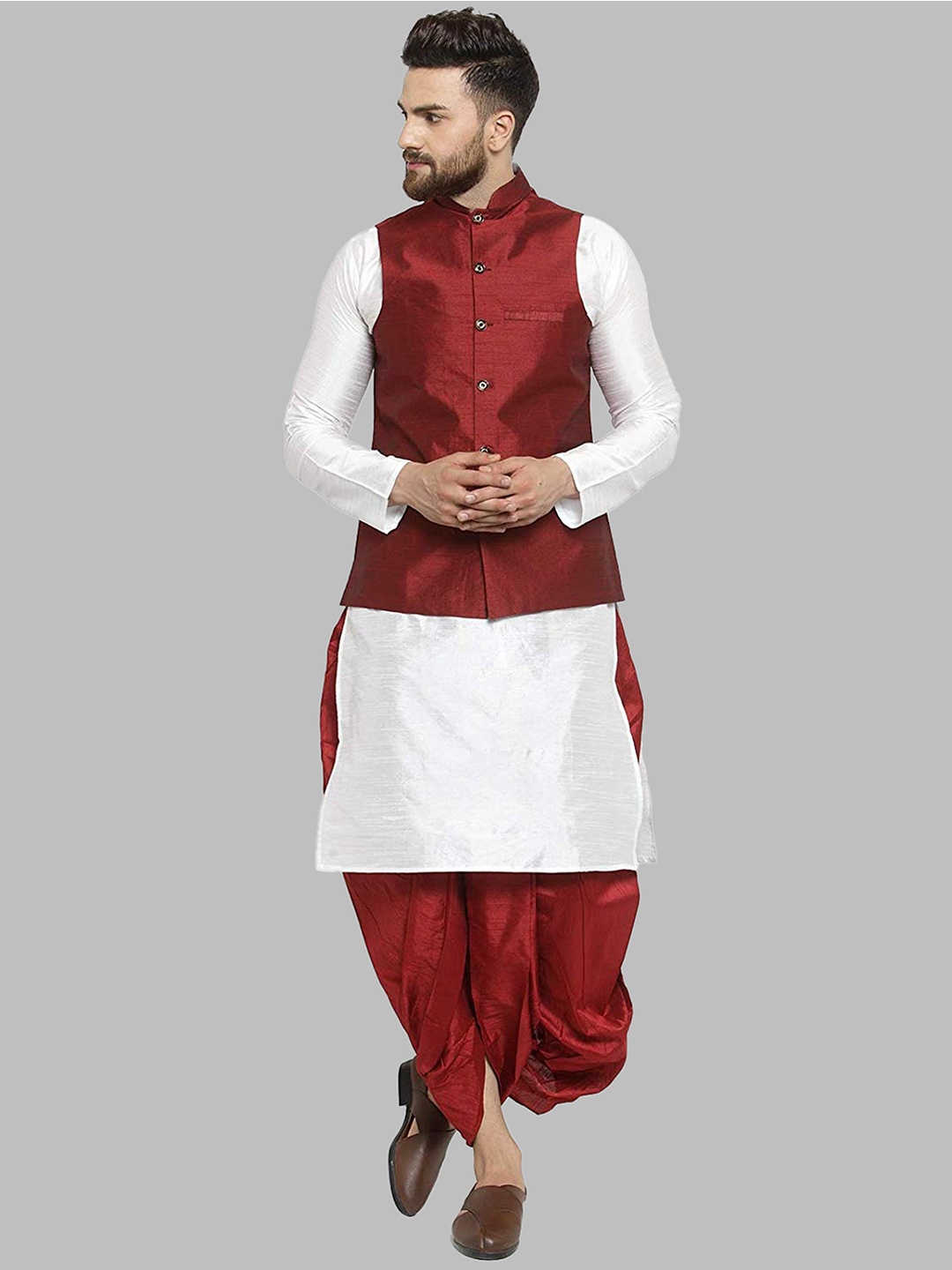 

ROYAL KURTA Men White Kurta with Dhoti Pants & Nehru Jacket