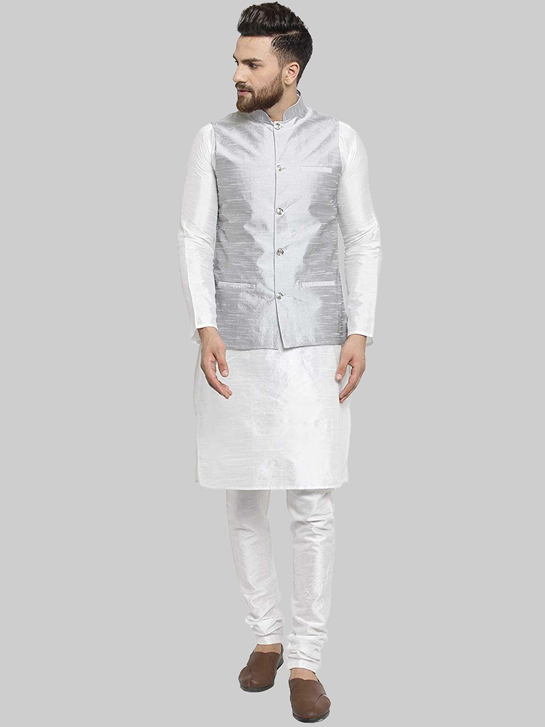 

ROYAL KURTA Men White Kurta with Churidar & Nehru Jacket