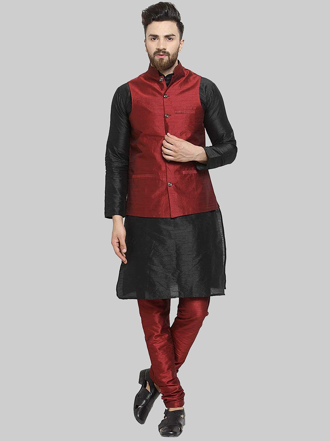 

ROYAL KURTA Men Black Kurta with Churidar & Nehru Jacket