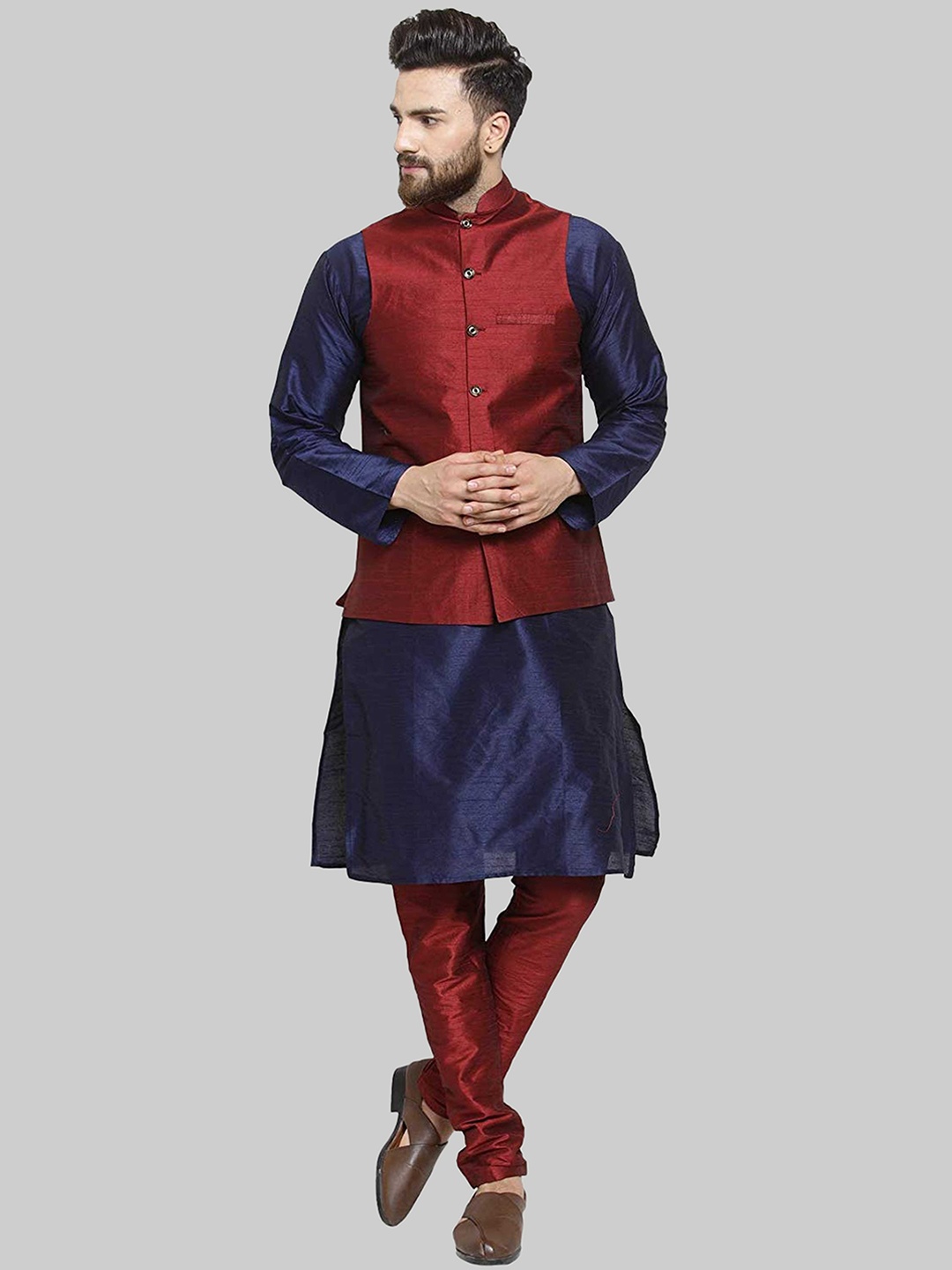 

ROYAL KURTA Men Navy Blue Kurta with Churidar & Nehru Jacket