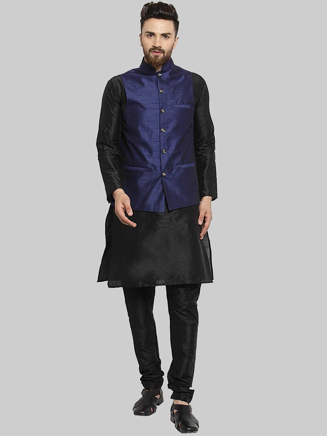 

ROYAL KURTA Men Black Kurta with Churidar & Nehru Jacket