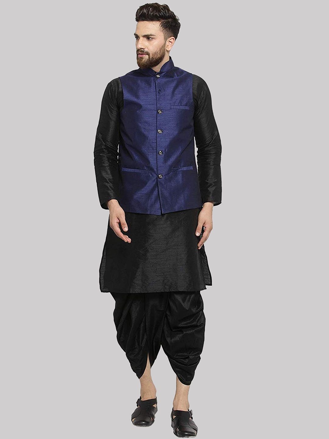 

ROYAL KURTA Men Black Kurta with Dhoti Pants & Nehru Jacket