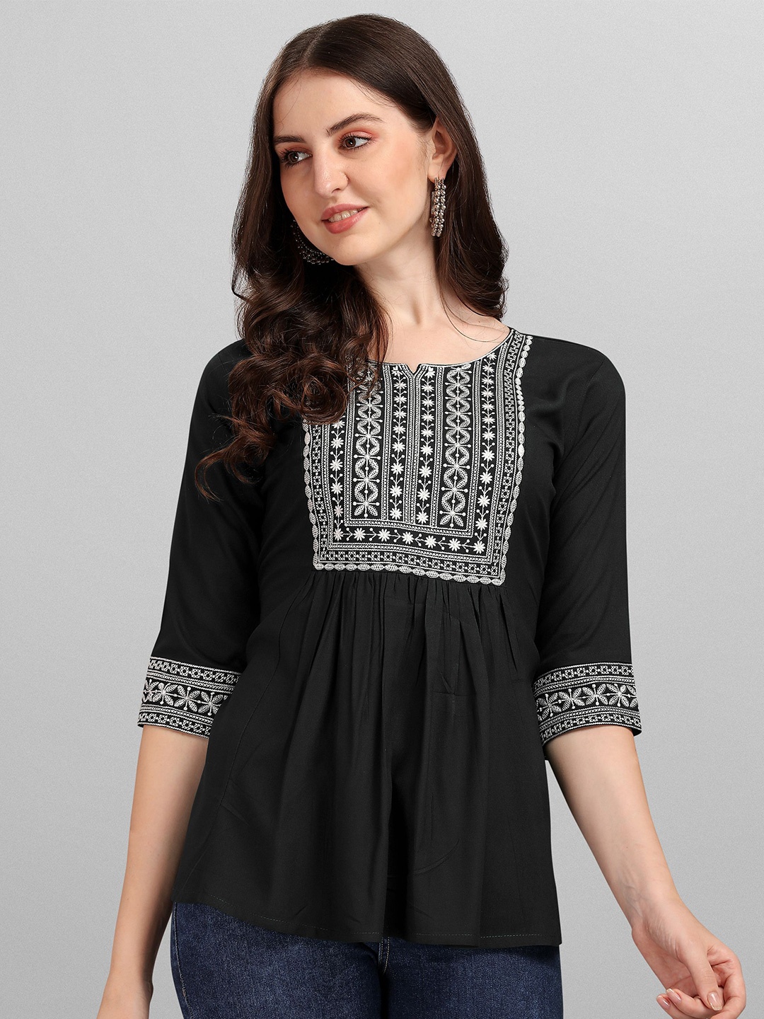 

FabFairy Black Embroidered Notched Neck Top